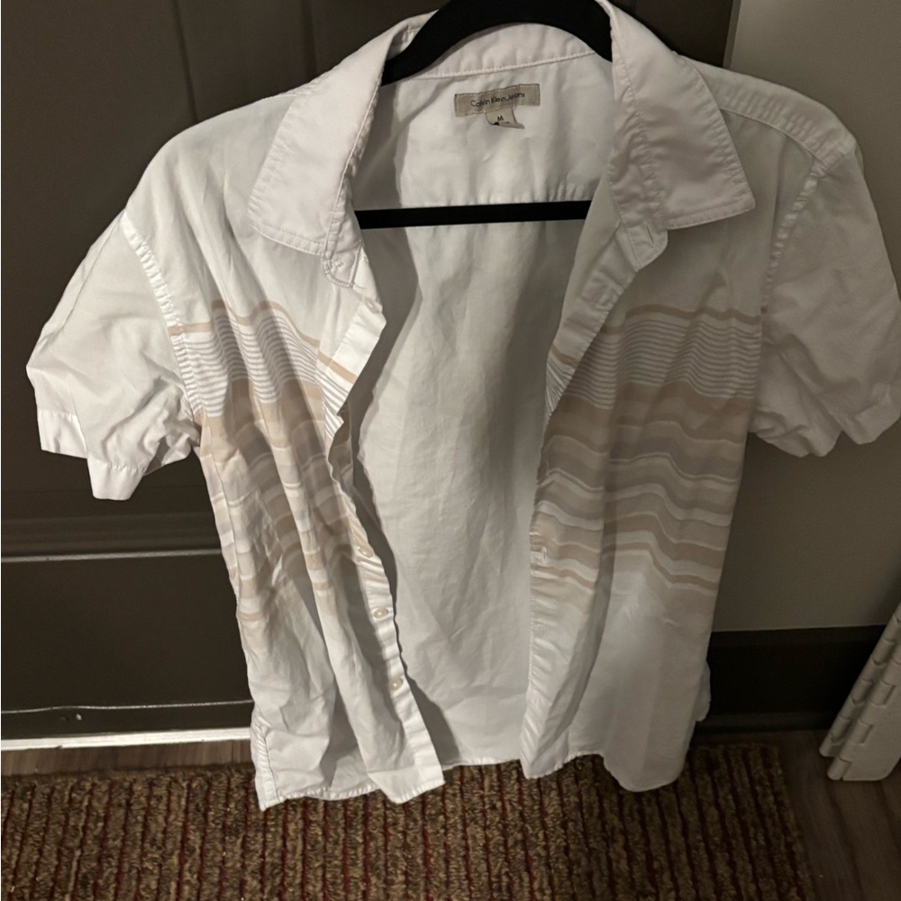 Calvin Klein White Short-Sleeve Button-Down with Tan Stripe Accents